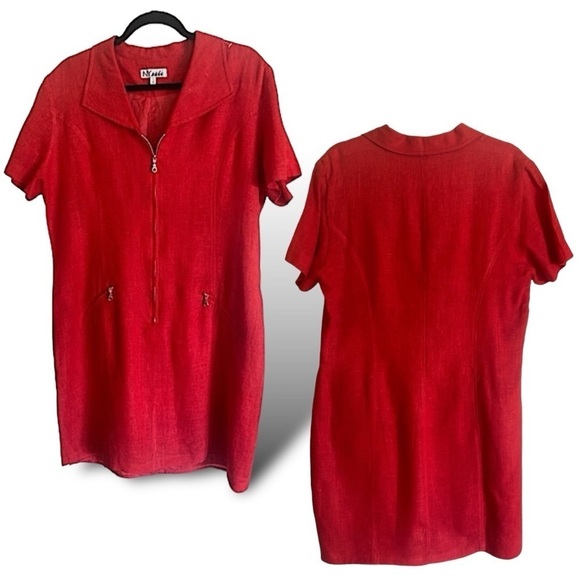 NY Sake LINEN Shirt Dress Silver Hardware Zip front, zipper pockets Red Size 1… - Picture 8 of 16